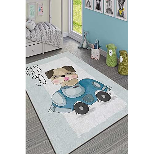 Ebern Designs Light blue Dog and Car Soft Machine Washable Stain